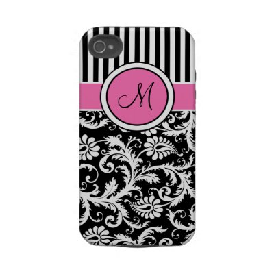 Monogrammed Pink, Black, White Striped Damask Iphone 4 Tough Cover Casemate_case