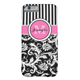 Monogrammed Pink, Black, White Striped Damask iPhone 6 Case