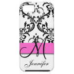 Monogrammed Pink Black White Swirls Damask iPhone 5 Covers