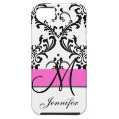 Monogrammed Pink Black White Swirls Damask iPhone 5 Covers