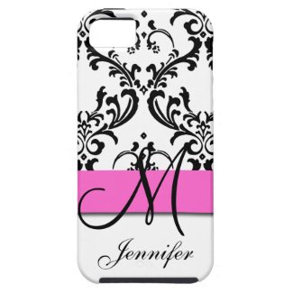 Monogrammed Pink Black White Swirls Damask iPhone 5 Covers