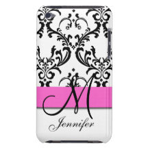 Monogrammed Pink Black White Swirls Damask iPod Case-Mate Case