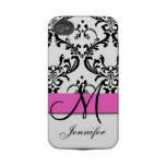 Monogrammed Pink Black White Swirls Damask Tough Iphone 4 Case