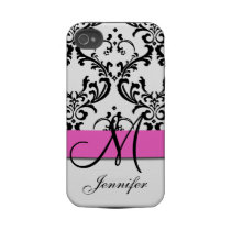 Monogrammed Pink Black White Swirls Damask Tough Iphone 4 Case