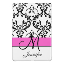 Monogrammed Pink Black White Swirls Damask Case For The iPad Mini