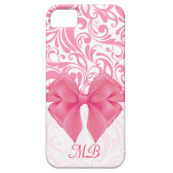 Monogrammed Pink Damask and Pink Ribbon bow iPhone 5 Case