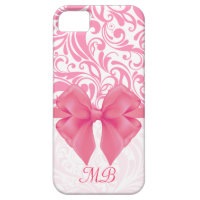 Monogrammed Pink Damask and Pink Ribbon iPhone 5 Cases