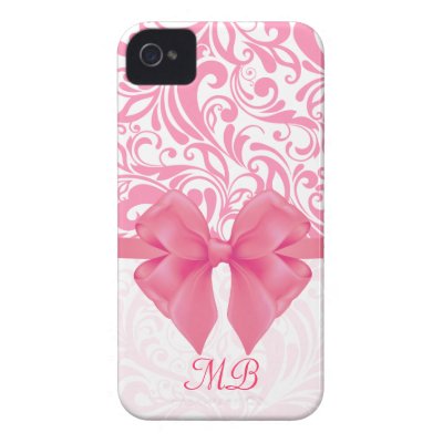 Monogrammed Pink Damask and Pink Ribbon Iphone 4 Covers
