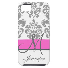 Monogrammed Pink Grey White Swirls Damask iPhone 5 Case