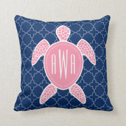 Monogrammed Pink Sea Turtle Blue Quatrefoil Pillow