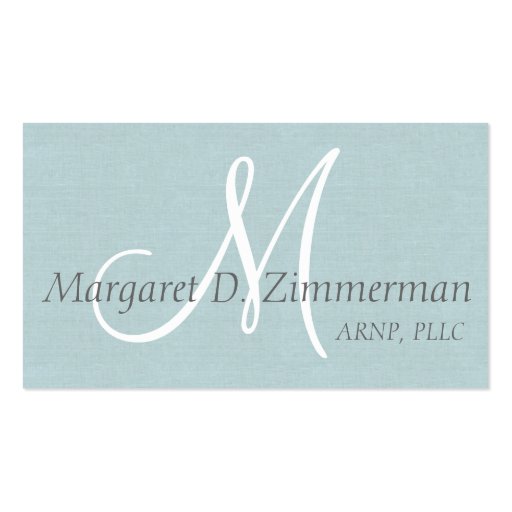 Monogrammed Professional, Light Blue Linen Business Card (front side)
