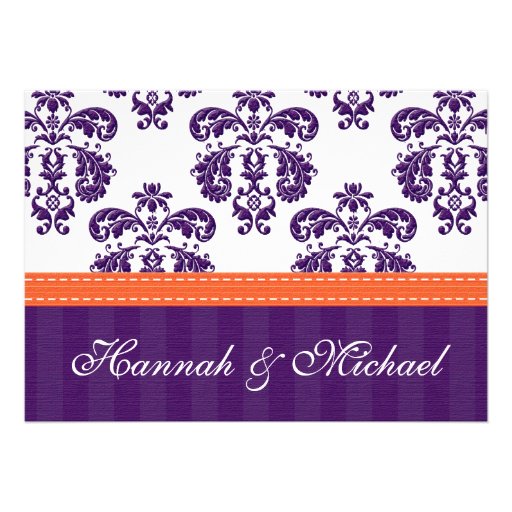 Monogrammed Purple and Orange Damask Wedding Custom Invitation