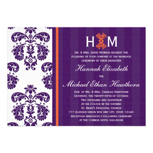 Monogrammed Purple and Orange Damask Wedding Custom Invitation