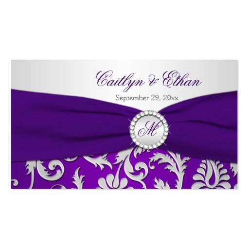 Monogrammed Purple and Silver Damask Favor Tag Business Cards (front side)