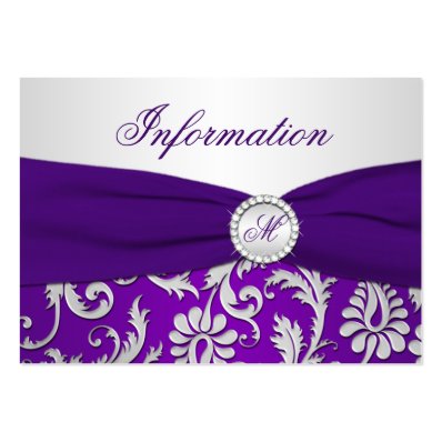Monogrammed Purple and Silver Damask Info card Business Cards