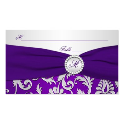 Monogrammed Purple and Silver Damask Place Cards Business Cards