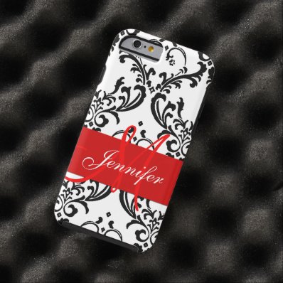 Monogrammed Red Black White Swirls Damask Tough iPhone 6 Case