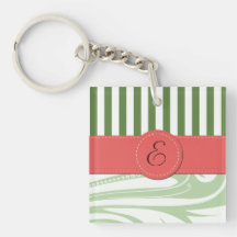 Monogrammed Stripes Damask Green White Red Keychain