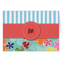 Monogrammed Stripes Flowers Pink Green Blue Orange Greeting Cards
