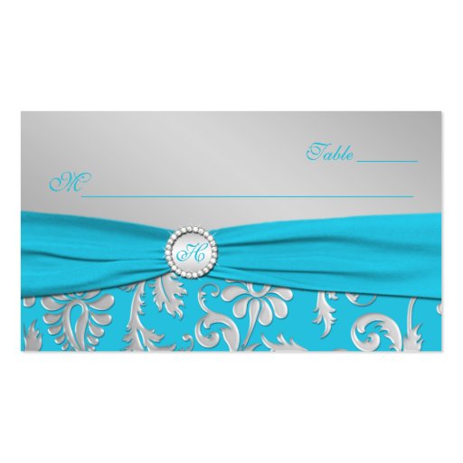 Monogrammed Turquoise and Silver Place Cards Business Card (front side)