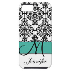 Monogrammed Turquoise Black White Floral Damask iPhone 5 Covers