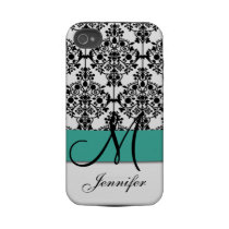 Monogrammed Turquoise Black White Floral Damask Iphone 4 Tough Case