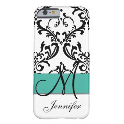 Monogrammed Turquoise Black White Swirls Damask Barely There iPhone 6 Case