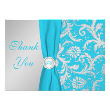Monogrammed Turquoise, Silver Thank You Card Announcements