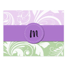 Monogrammed Venetian Damask Green White Purple Post Card