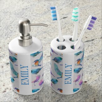 Monogrammed Watercolors Colorful Birds Bathroom Set