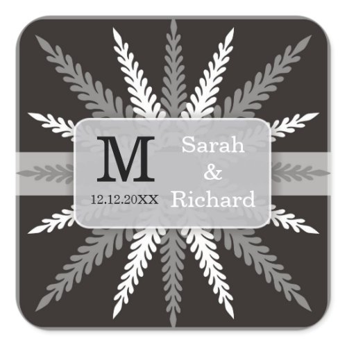 Monogrammed Wedding Stickers-Silver On Black Square Sticker