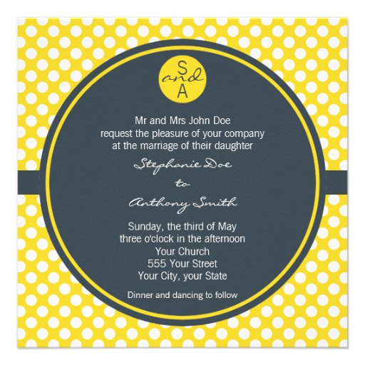 Monogrammed White, Yellow and Charcoal Polka Dot Custom Invite