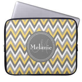 Monogrammed Yellow & Grey Chevron Pattern Laptop Sleeve