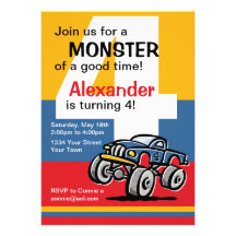 Monster Truck 4th Birthday Personalized Invites