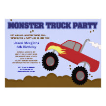 MONSTER TRUCK 5x7 (Red Truck) Birthday Invitations