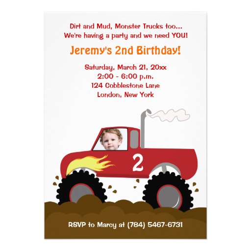 Monster Truck Photo Birthday Invitation (Red)