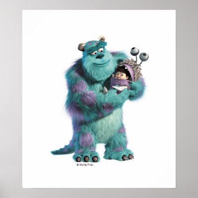 Monsters Inc Sulley holding Boo in costume in arms posters