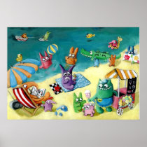 artsprojekt, cartoon summer monsters, summer monster, cartoon summer monster, beach monster, monsters on beach, monsters holidays, monster vacations, eating ice cream, monsters, beach relax, holidays relax, holidays on beach, monster, cartoon holidays, vacation, summer, Poster with custom graphic design