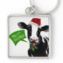 Moo rry Christmas! Funny Holiday Cow in Santa Hat Key Chain
