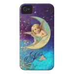 MOON ANGEL IN BLUE GOLD SPARKLES Monogram iPhone 4 Covers