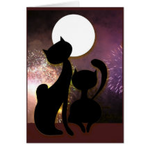 Moon cats & fireworks greeting card