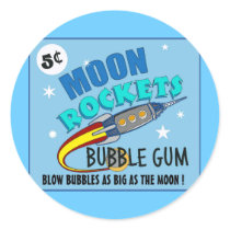 Moon Rockets Bubble Gum Round Stickers