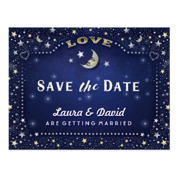 Moon & Stars Blue Gold & White Save Date Postcard by juliea2010 at Zazzle