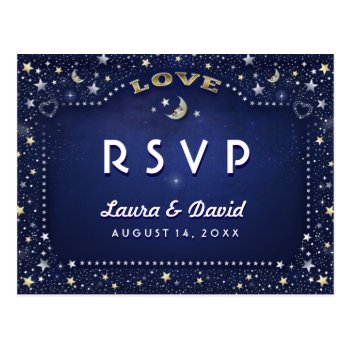 Moon & Stars Navy Blue Gold White Matching Rsvp Postcard by juliea2010 at Zazzle