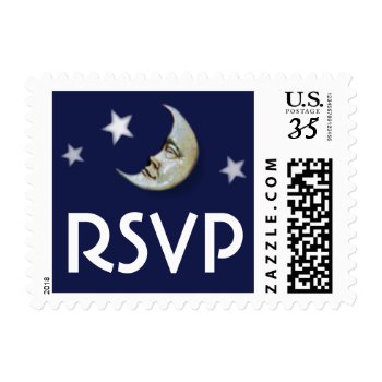 Moon & Stars Navy Blue Gold White Rsvp Postage by juliea2010 at Zazzle
