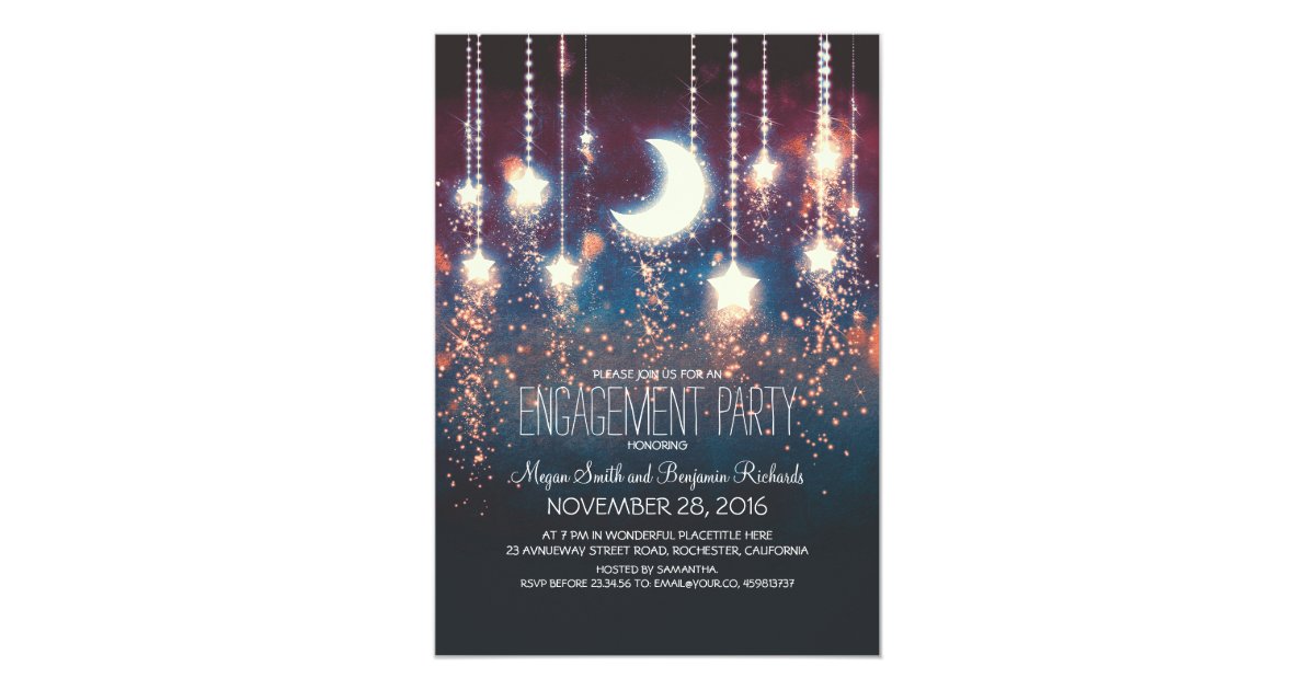 Moon Stars & String Lights Engagement Party Card Zazzle