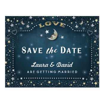 Moon & Stars Teal Gold & White Save Date Postcard by juliea2010 at Zazzle