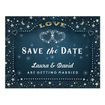 Moon & Stars Teal Gold & White Save Date Postcard by juliea2010 at Zazzle