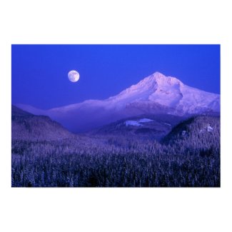 Moonrise over Mt Hood winter, Oregon Posters