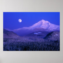 Moonrise over Mt Hood winter, Oregon Posters